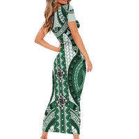 Bula Fiji Vintage Family Matching Short Sleeve Bodycon Dress and Hawaiian Shirt Phthalo Green Masi Motifs