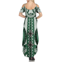 Bula Fiji Vintage Family Matching Summer Maxi Dress and Hawaiian Shirt Phthalo Green Masi Motifs