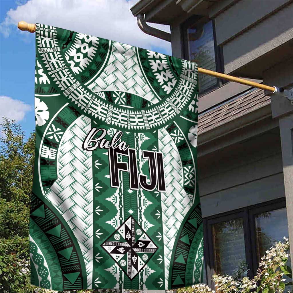 Bula Fiji Vintage Garden Flag Phthalo Green Masi Motifs