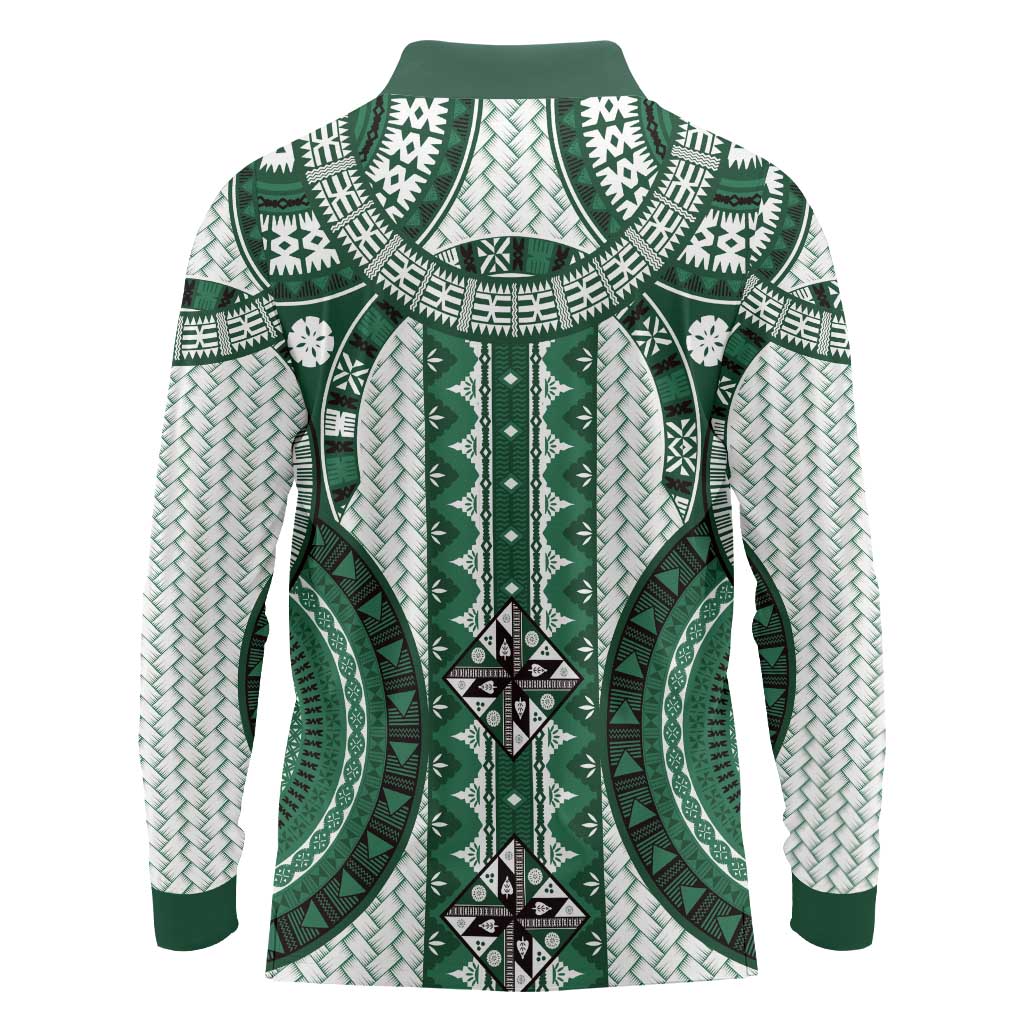 Bula Fiji Vintage Long Sleeve Polo Shirt Phthalo Green Masi Motifs