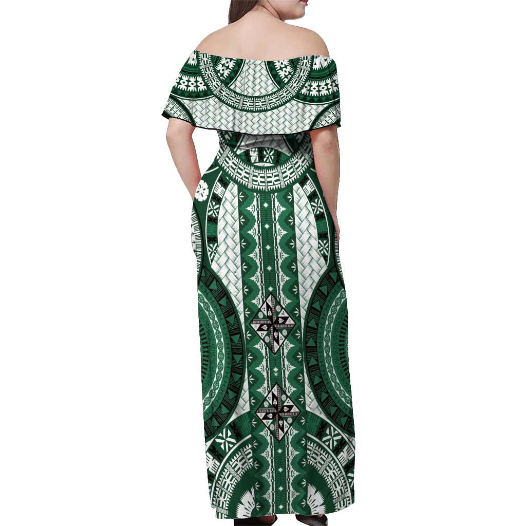 Bula Fiji Vintage Off Shoulder Maxi Dress Phthalo Green Masi Motifs