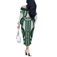 Bula Fiji Vintage Off The Shoulder Long Sleeve Dress Phthalo Green Masi Motifs