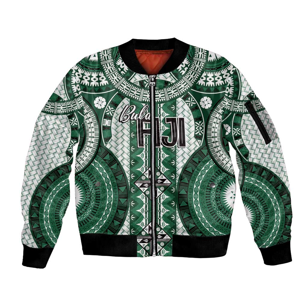 Bula Fiji Vintage Sleeve Zip Bomber Jacket Phthalo Green Masi Motifs