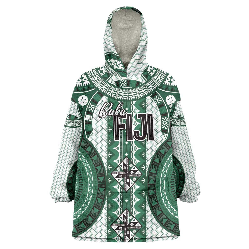 Bula Fiji Vintage Wearable Blanket Hoodie Phthalo Green Masi Motifs
