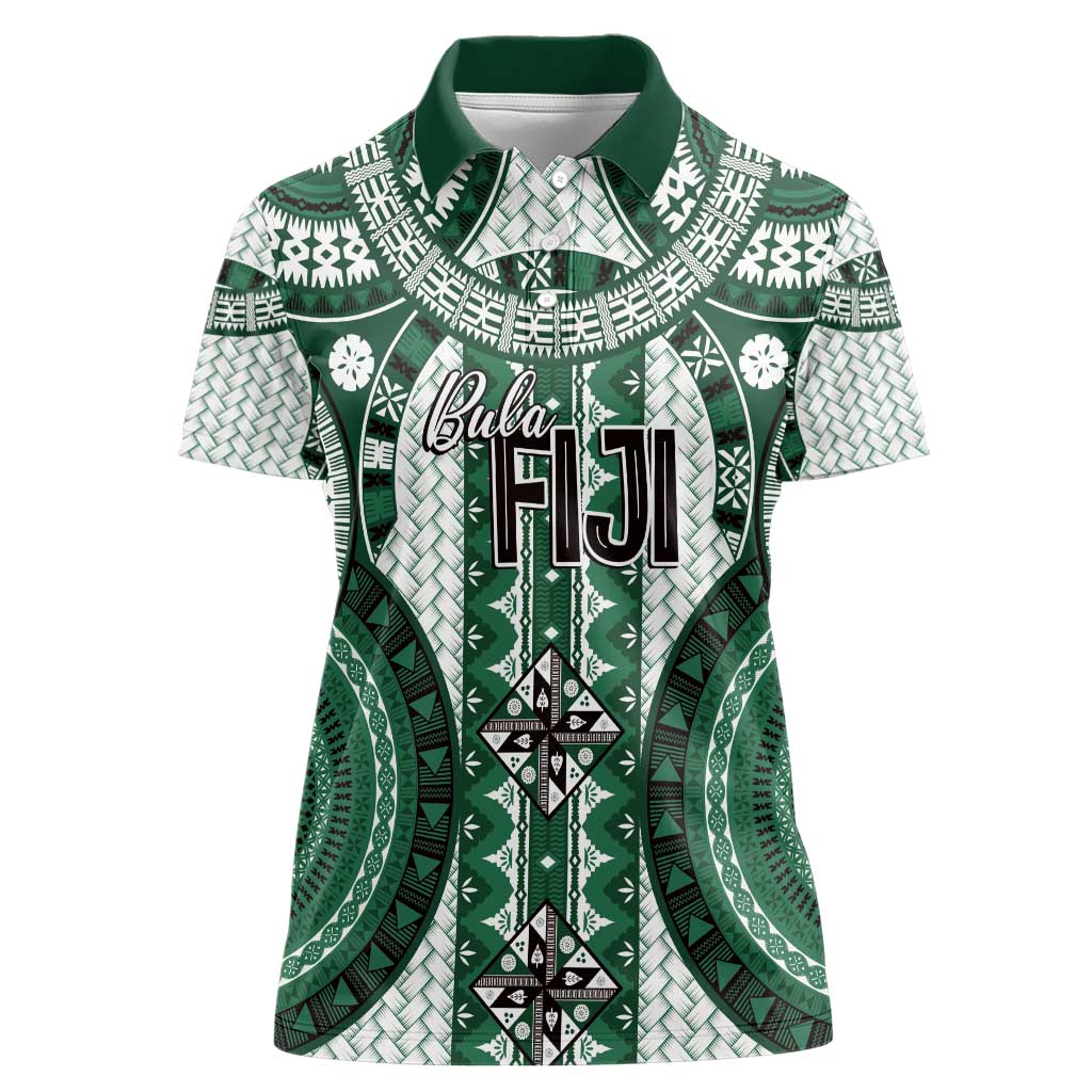Bula Fiji Vintage Women Polo Shirt Phthalo Green Masi Motifs