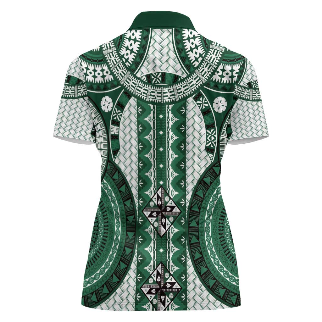 Bula Fiji Vintage Women Polo Shirt Phthalo Green Masi Motifs