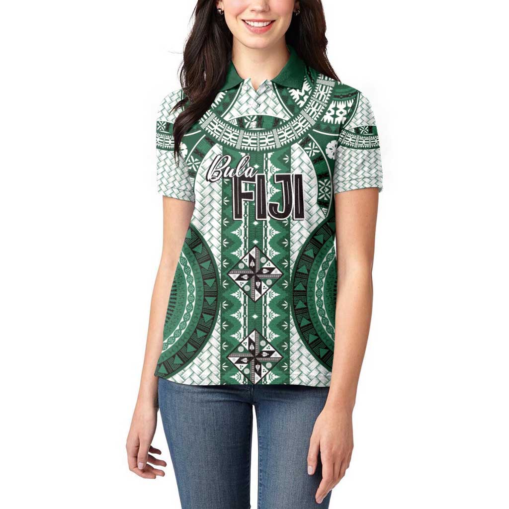 Bula Fiji Vintage Women Polo Shirt Phthalo Green Masi Motifs