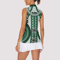 Bula Fiji Vintage Women Sleeveless Polo Shirt Phthalo Green Masi Motifs