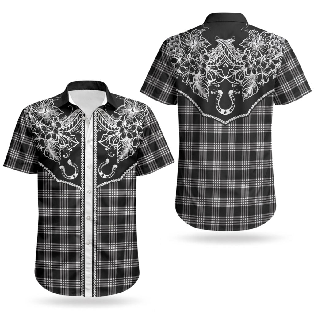 Hawai'i Paniolo Motif Black Couples Matching Off Shoulder Maxi Dress and Hawaiian Shirt Floral Palaka Print LT7 - Polynesian Pride