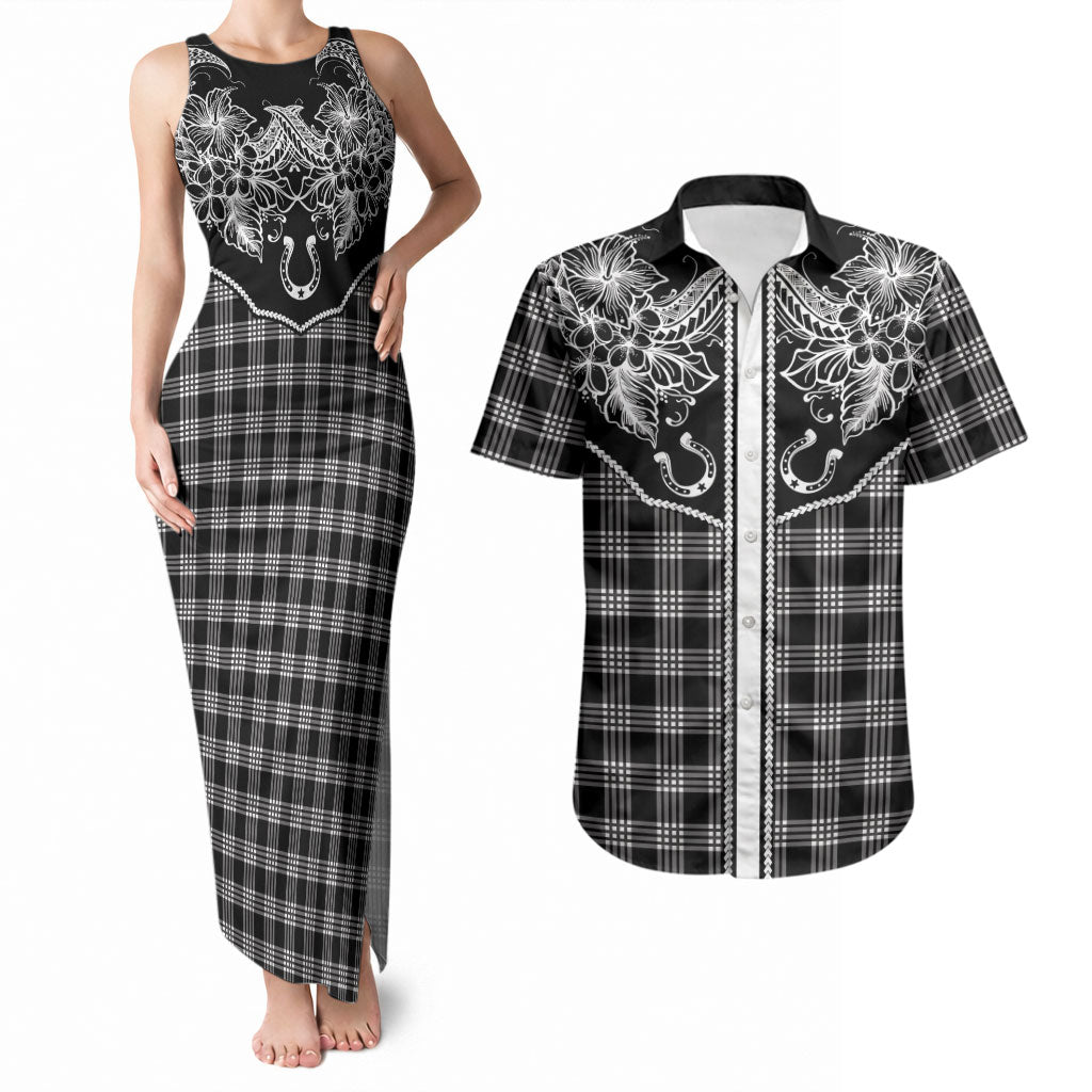 Hawai'i Paniolo Motif Black Couples Matching Tank Maxi Dress and Hawaiian Shirt Floral Palaka Print LT7 Black - Polynesian Pride