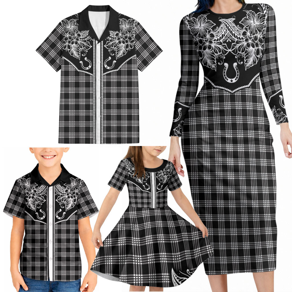 Hawai'i Paniolo Motif Black Family Matching Long Sleeve Bodycon Dress and Hawaiian Shirt Floral Palaka Print LT7 - Polynesian Pride