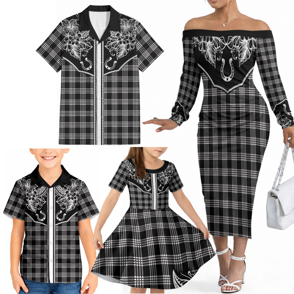 Hawai'i Paniolo Motif Black Family Matching Off The Shoulder Long Sleeve Dress and Hawaiian Shirt Floral Palaka Print LT7 - Polynesian Pride
