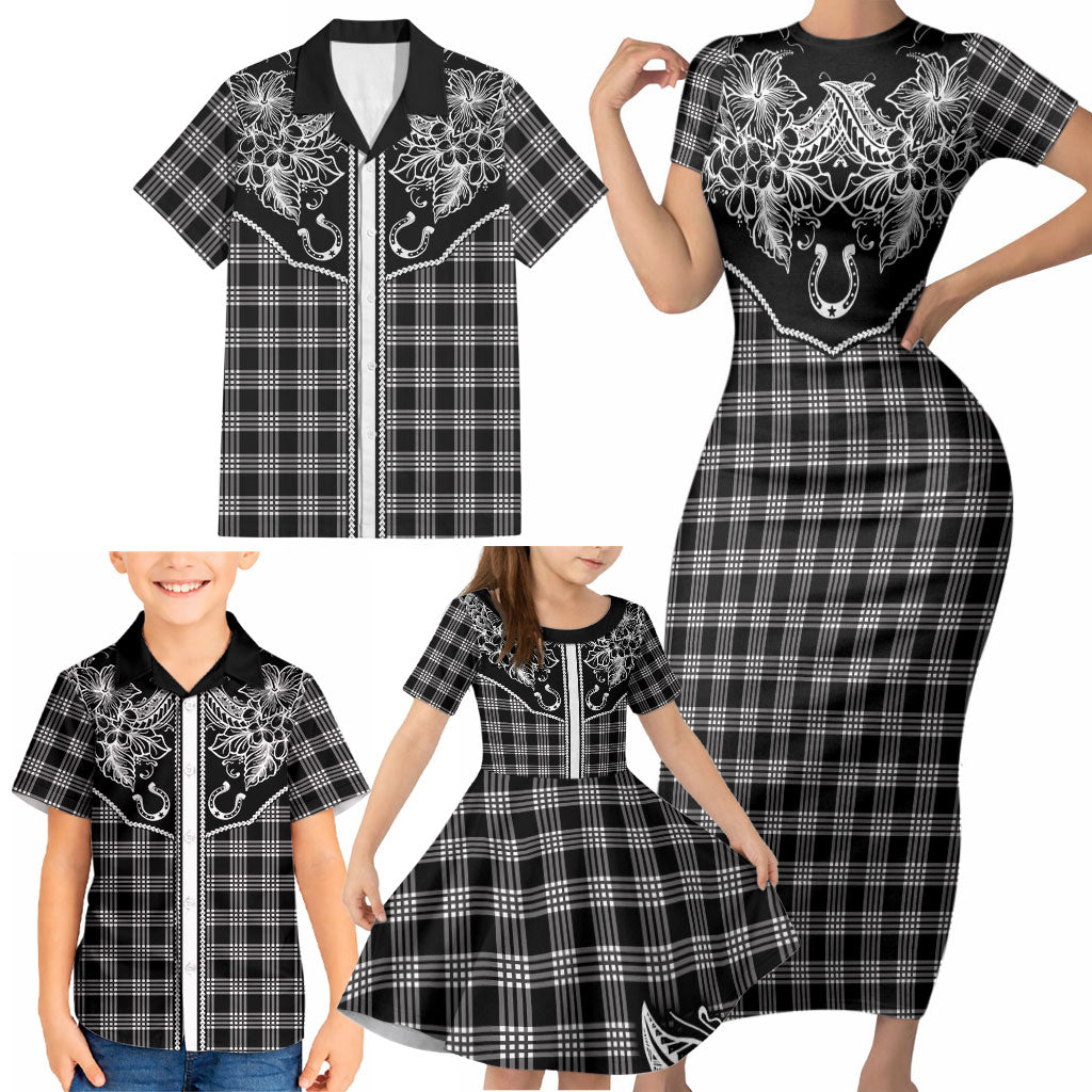 Hawai'i Paniolo Motif Black Family Matching Short Sleeve Bodycon Dress and Hawaiian Shirt Floral Palaka Print LT7 - Polynesian Pride