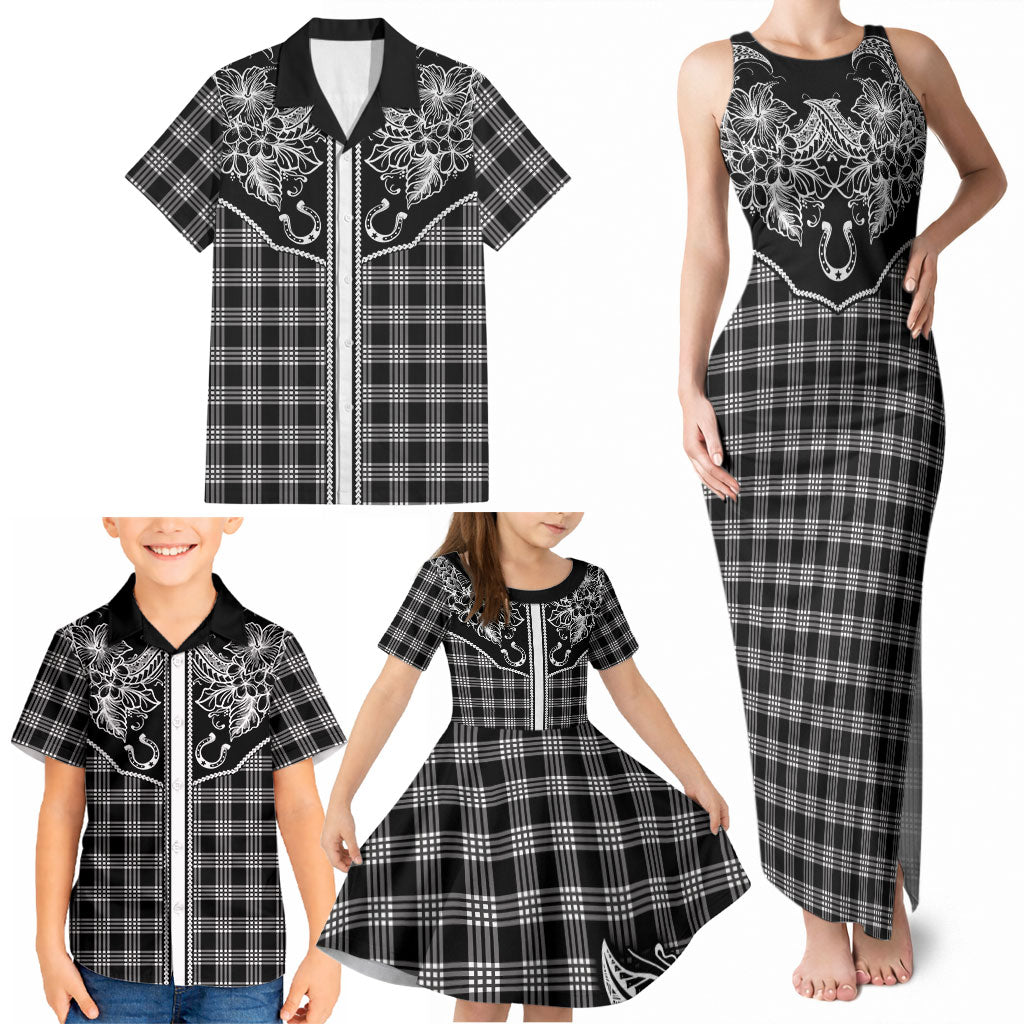 Hawai'i Paniolo Motif Black Family Matching Tank Maxi Dress and Hawaiian Shirt Floral Palaka Print LT7 - Polynesian Pride