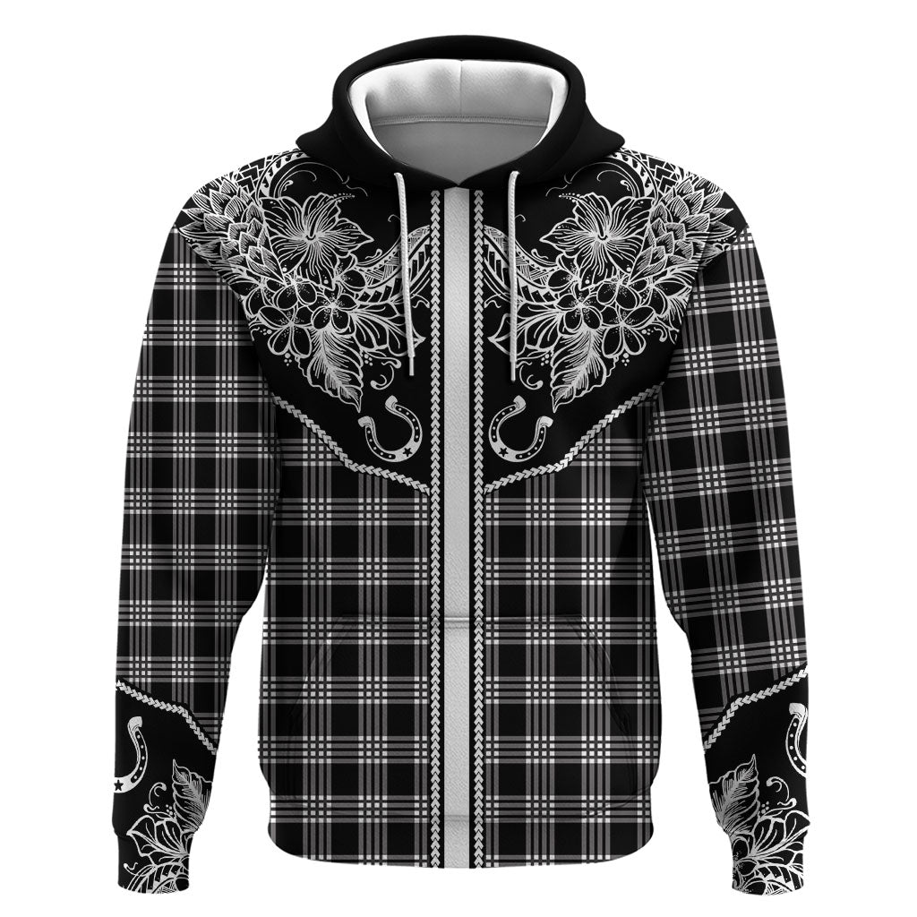 Hawai'i Paniolo Motif Black Hoodie Floral Palaka Print