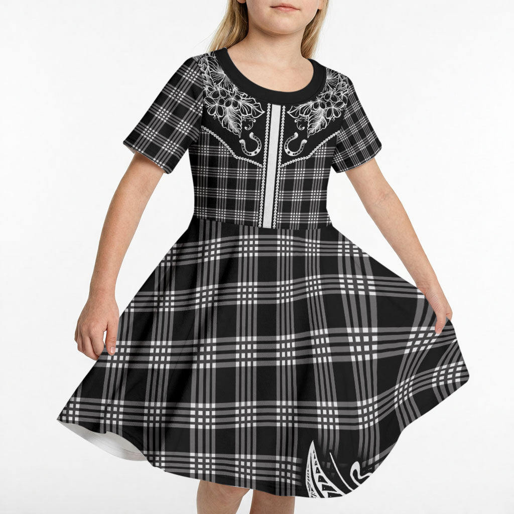 Hawai'i Paniolo Motif Black Kid Short Sleeve Dress Floral Palaka Print LT7 - Polynesian Pride