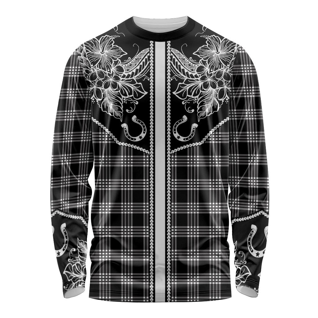 Hawai'i Paniolo Motif Black Long Sleeve Shirt Floral Palaka Print LT7 Unisex Black - Polynesian Pride