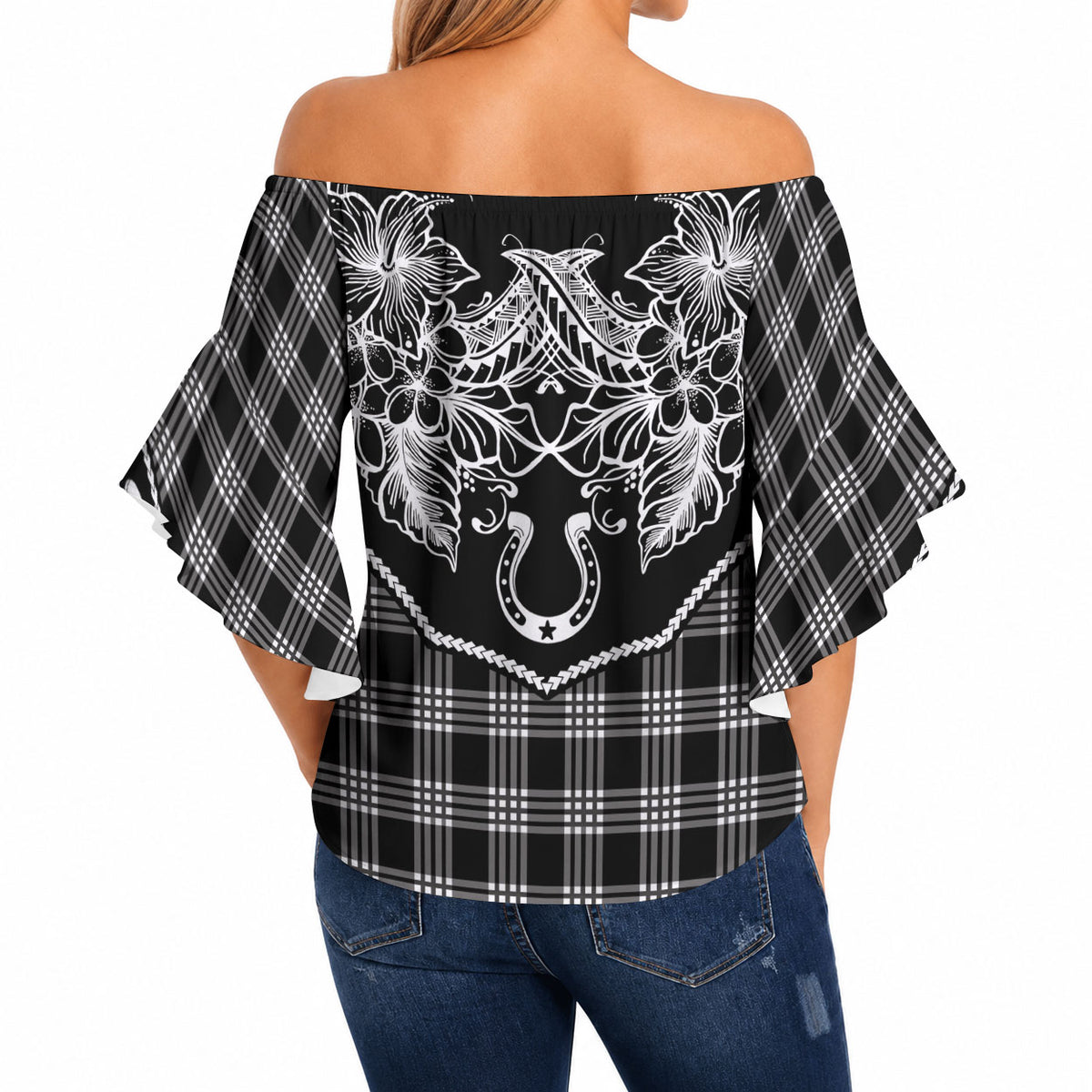 Hawai'i Paniolo Motif Black Off Shoulder Wrap Waist Top Floral Palaka Print LT7 - Polynesian Pride