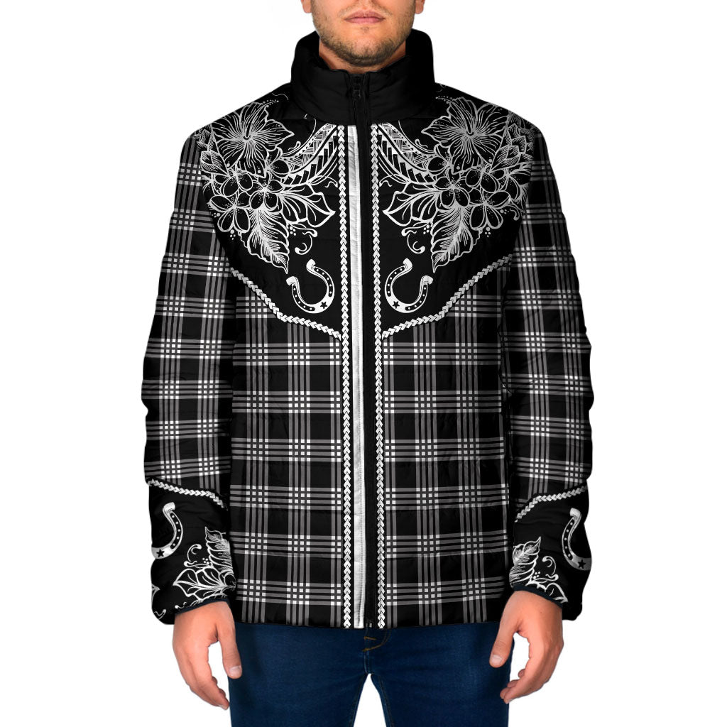 Hawai'i Paniolo Motif Black Padded Jacket Floral Palaka Print