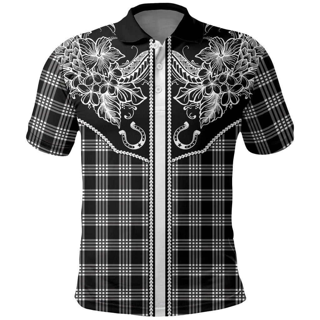 Hawai'i Paniolo Motif Black Polo Shirt Floral Palaka Print