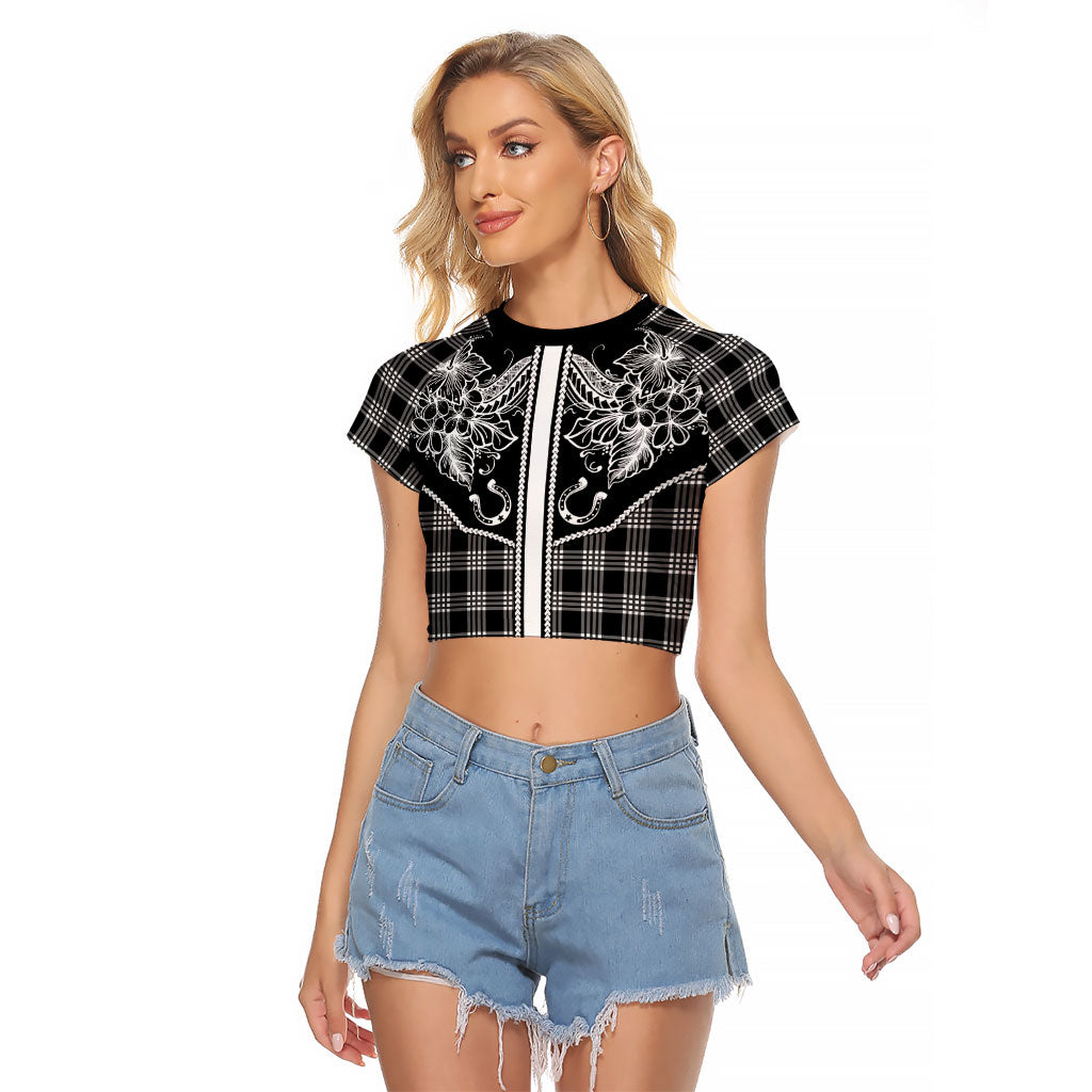 Hawai'i Paniolo Motif Black Raglan Cropped T Shirt Floral Palaka Print LT7 Female Black - Polynesian Pride