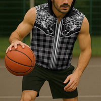 Hawai'i Paniolo Motif Black Sleeveless Zip Hoodie Floral Palaka Print LT7 - Polynesian Pride