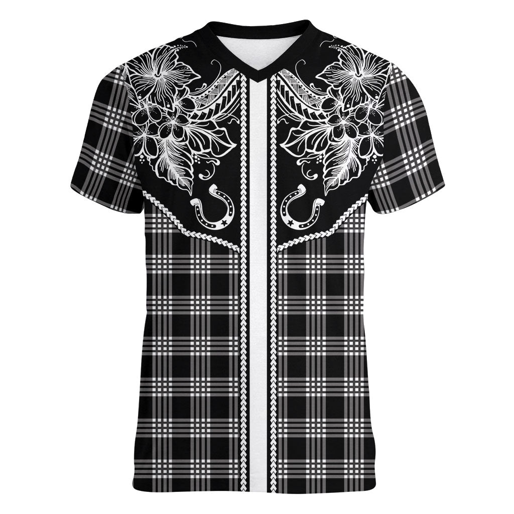 Hawai'i Paniolo Motif Black Women V-Neck T-Shirt Floral Palaka Print LT7 Female Black - Polynesian Pride