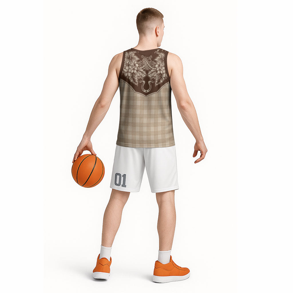 Hawai'i Paniolo Motif Leather Brown Basketball Jersey Floral Palaka Print LT7 - Polynesian Pride