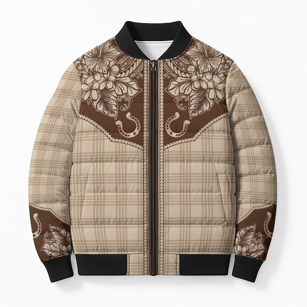 Hawai'i Paniolo Motif Leather Brown Bomber Puffer Jacket Floral Palaka Print LT7 Unisex Brown - Polynesian Pride