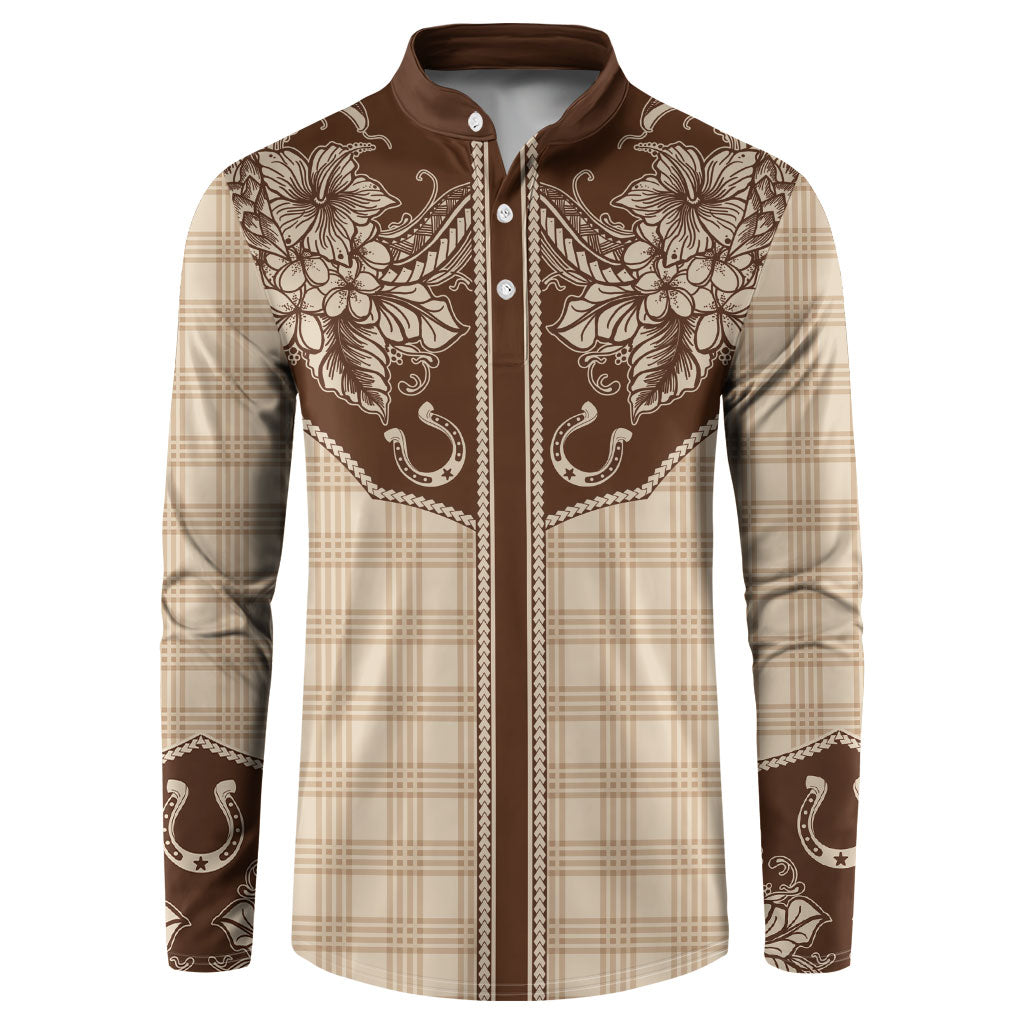 Hawai'i Paniolo Motif Leather Brown Button Sweatshirt Floral Palaka Print