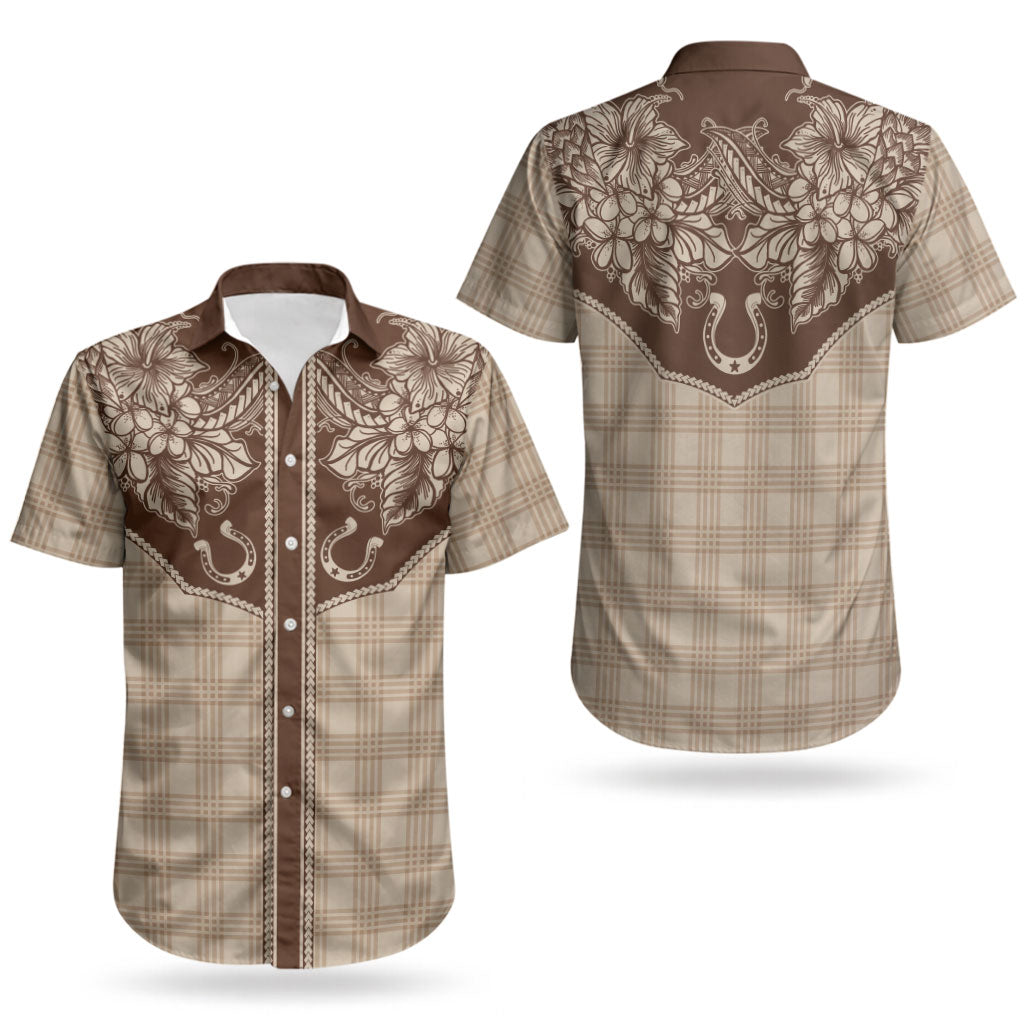 Hawai'i Paniolo Motif Leather Brown Couples Matching Off Shoulder Maxi Dress and Hawaiian Shirt Floral Palaka Print LT7 - Polynesian Pride