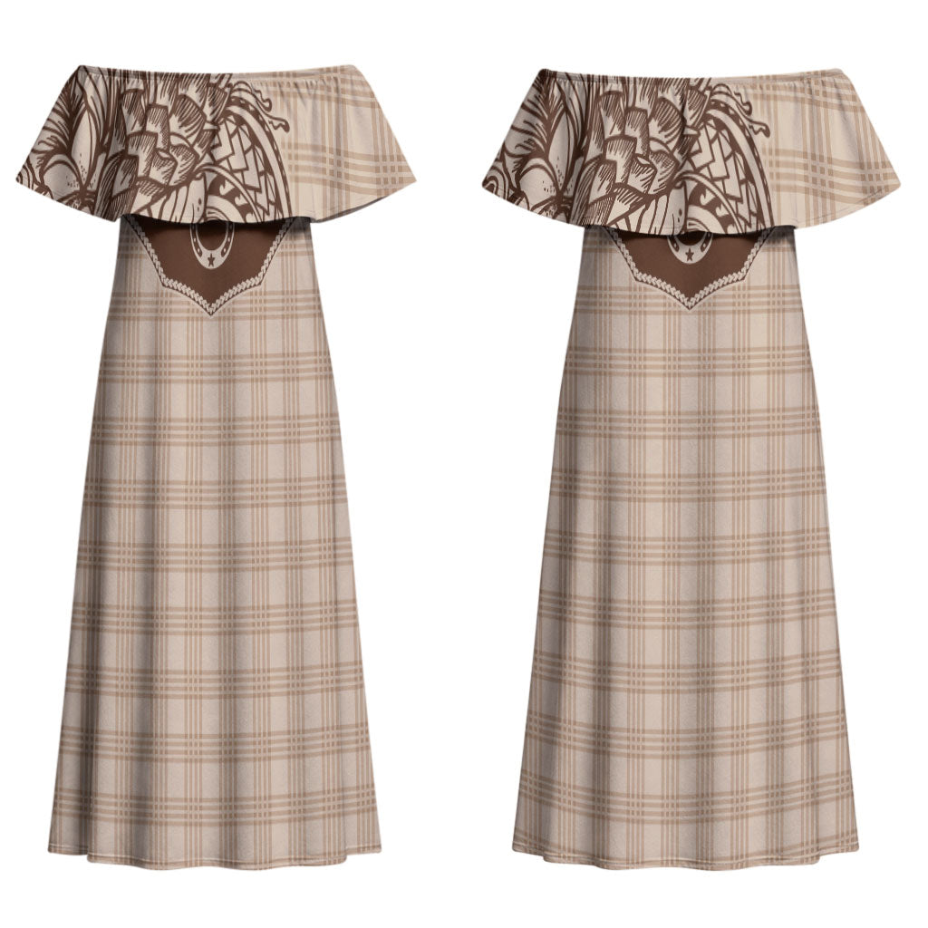Hawai'i Paniolo Motif Leather Brown Couples Matching Off Shoulder Maxi Dress and Hawaiian Shirt Floral Palaka Print LT7 - Polynesian Pride