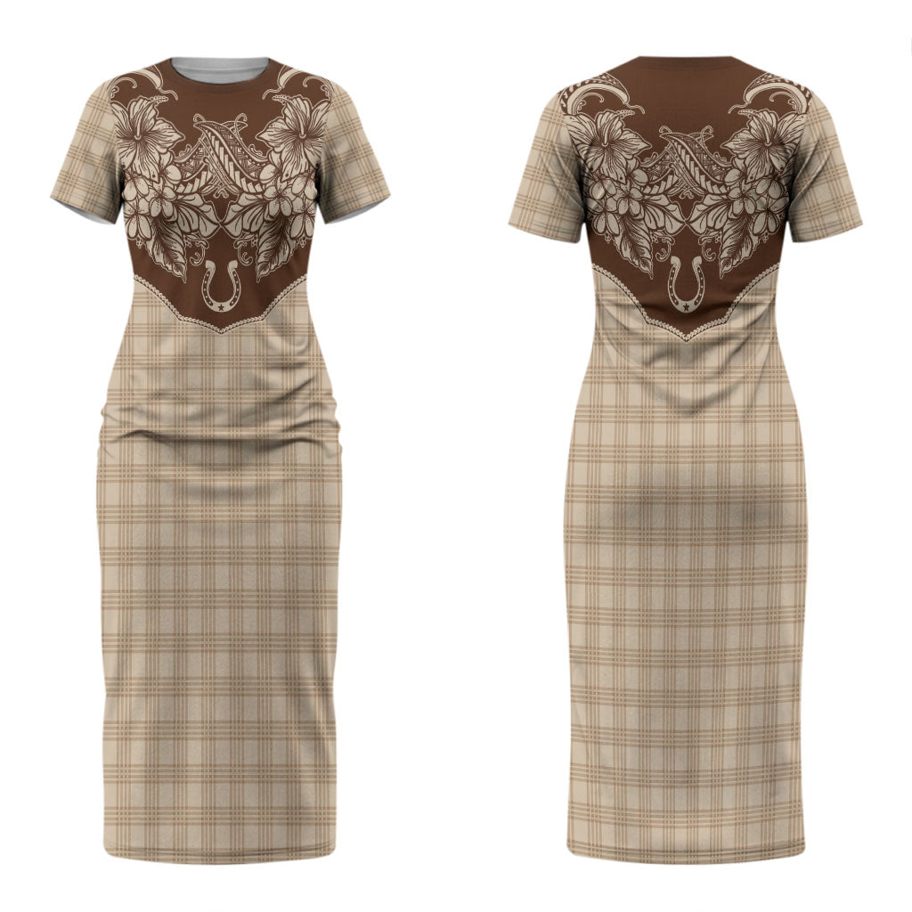Hawai'i Paniolo Motif Leather Brown Couples Matching Short Sleeve Bodycon Dress and Long Sleeve Button Shirt Floral Palaka Print LT7 - Polynesian Pride