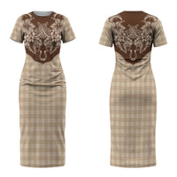 Hawai'i Paniolo Motif Leather Brown Couples Matching Short Sleeve Bodycon Dress and Long Sleeve Button Shirt Floral Palaka Print LT7 - Polynesian Pride