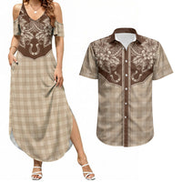 Hawai'i Paniolo Motif Leather Brown Couples Matching Summer Maxi Dress and Hawaiian Shirt Floral Palaka Print LT7 Brown - Polynesian Pride
