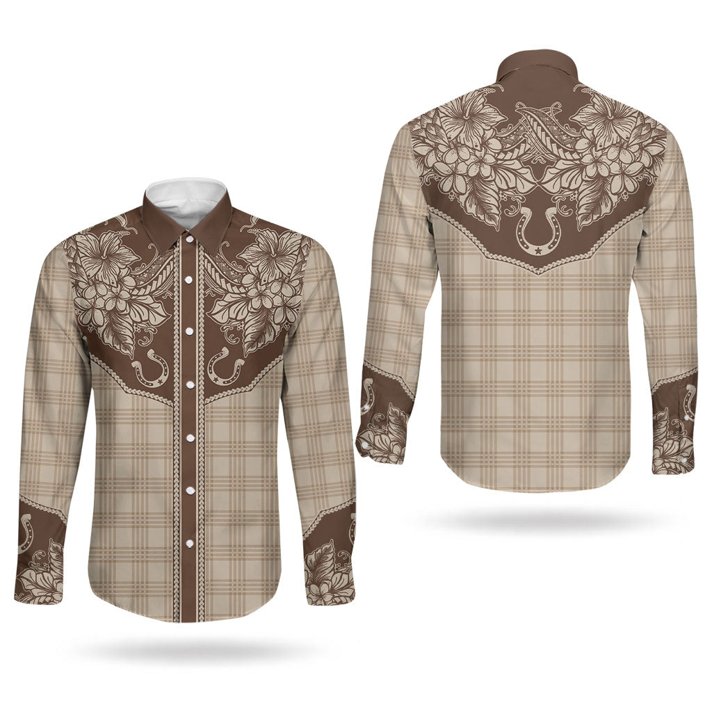 Hawai'i Paniolo Motif Leather Brown Couples Matching Tank Maxi Dress and Long Sleeve Button Shirt Floral Palaka Print LT7 - Polynesian Pride