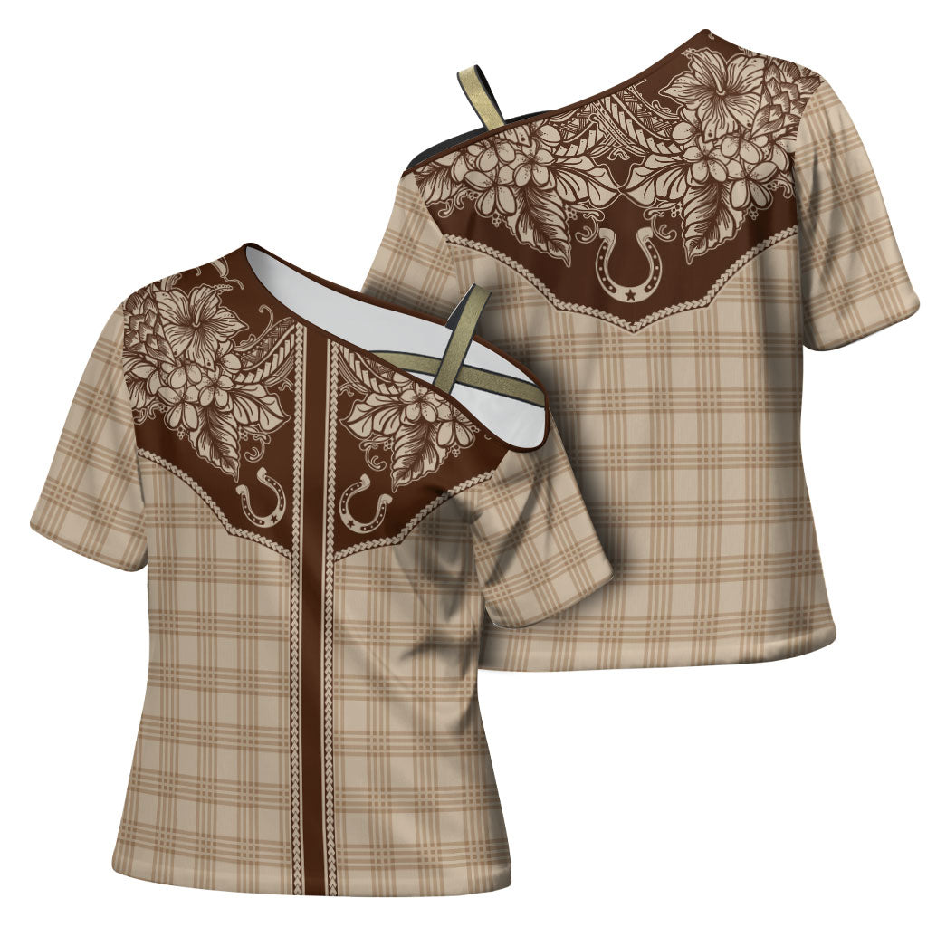 Hawai'i Paniolo Motif Leather Brown Cross Shoulder Shirt Floral Palaka Print LT7 - Polynesian Pride