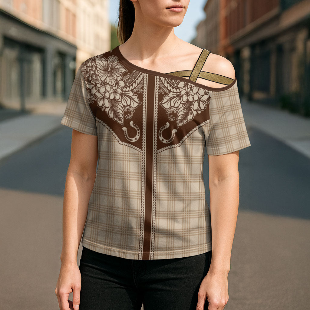 Hawai'i Paniolo Motif Leather Brown Cross Shoulder Shirt Floral Palaka Print LT7 - Polynesian Pride