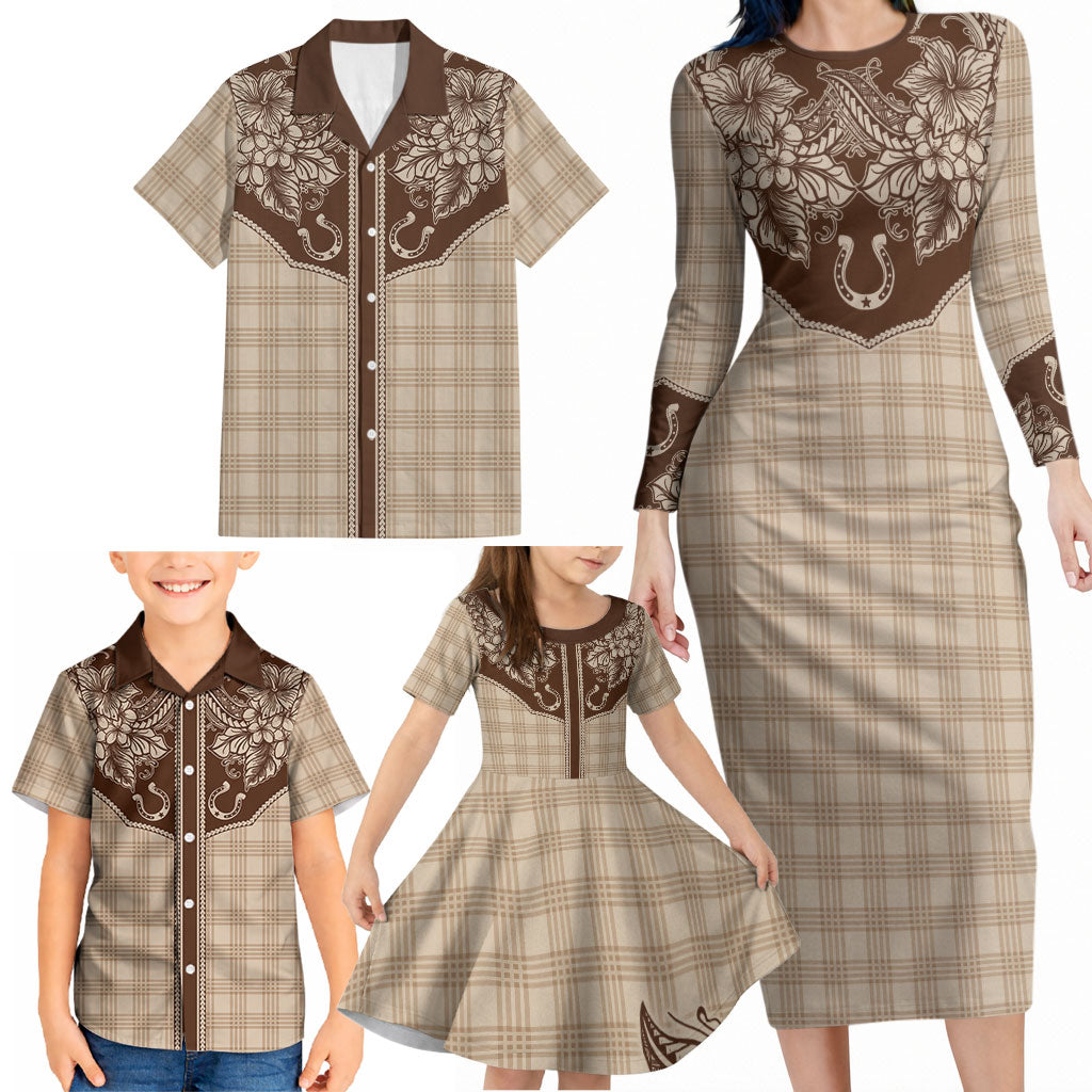Hawai'i Paniolo Motif Leather Brown Family Matching Long Sleeve Bodycon Dress and Hawaiian Shirt Floral Palaka Print LT7 - Polynesian Pride