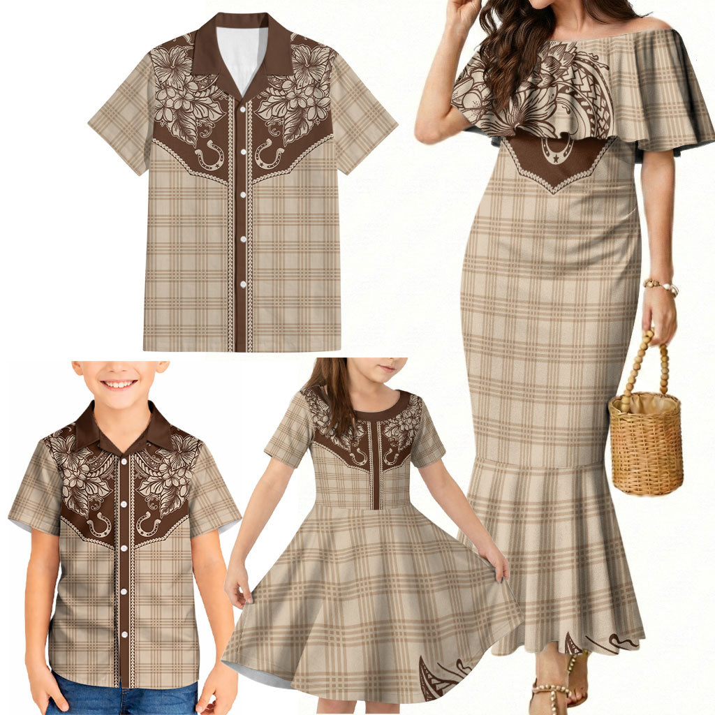 Hawai'i Paniolo Motif Leather Brown Family Matching Mermaid Dress and Hawaiian Shirt Floral Palaka Print LT7 - Polynesian Pride