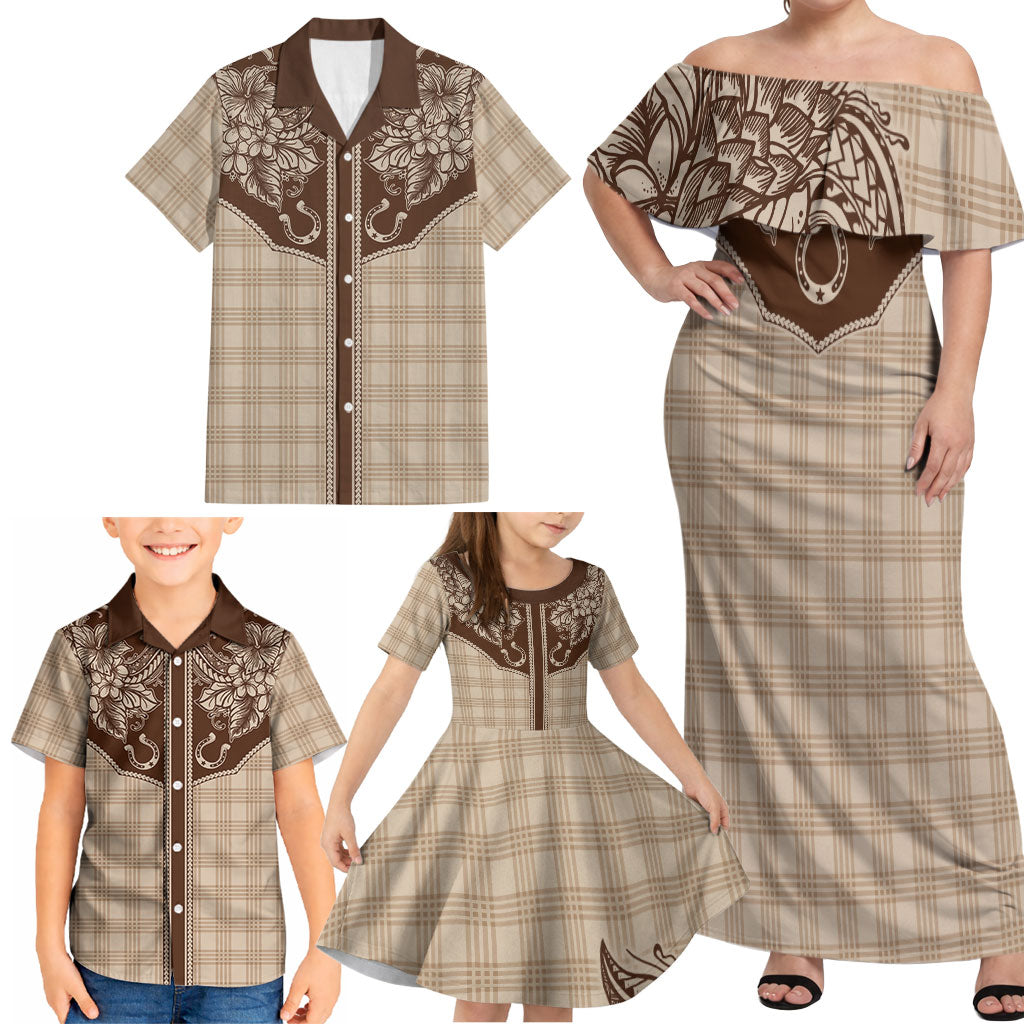 Hawai'i Paniolo Motif Leather Brown Family Matching Off Shoulder Maxi Dress and Hawaiian Shirt Floral Palaka Print LT7 - Polynesian Pride