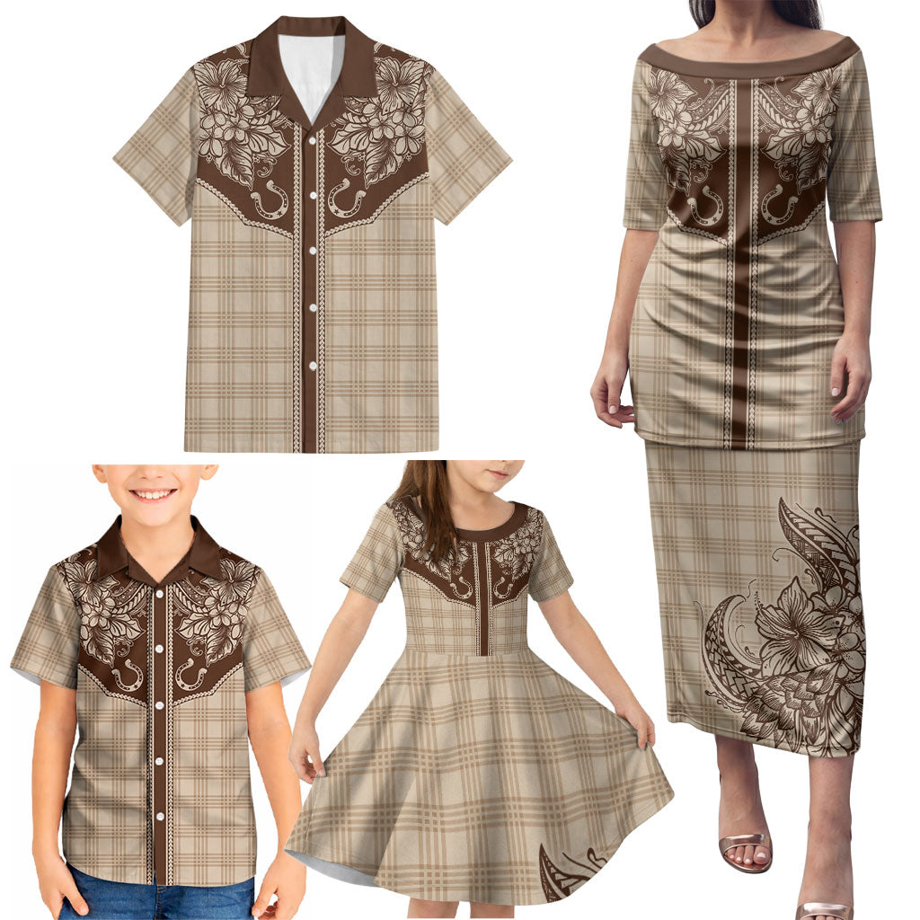 Hawai'i Paniolo Motif Leather Brown Family Matching Puletasi and Hawaiian Shirt Floral Palaka Print LT7 - Polynesian Pride