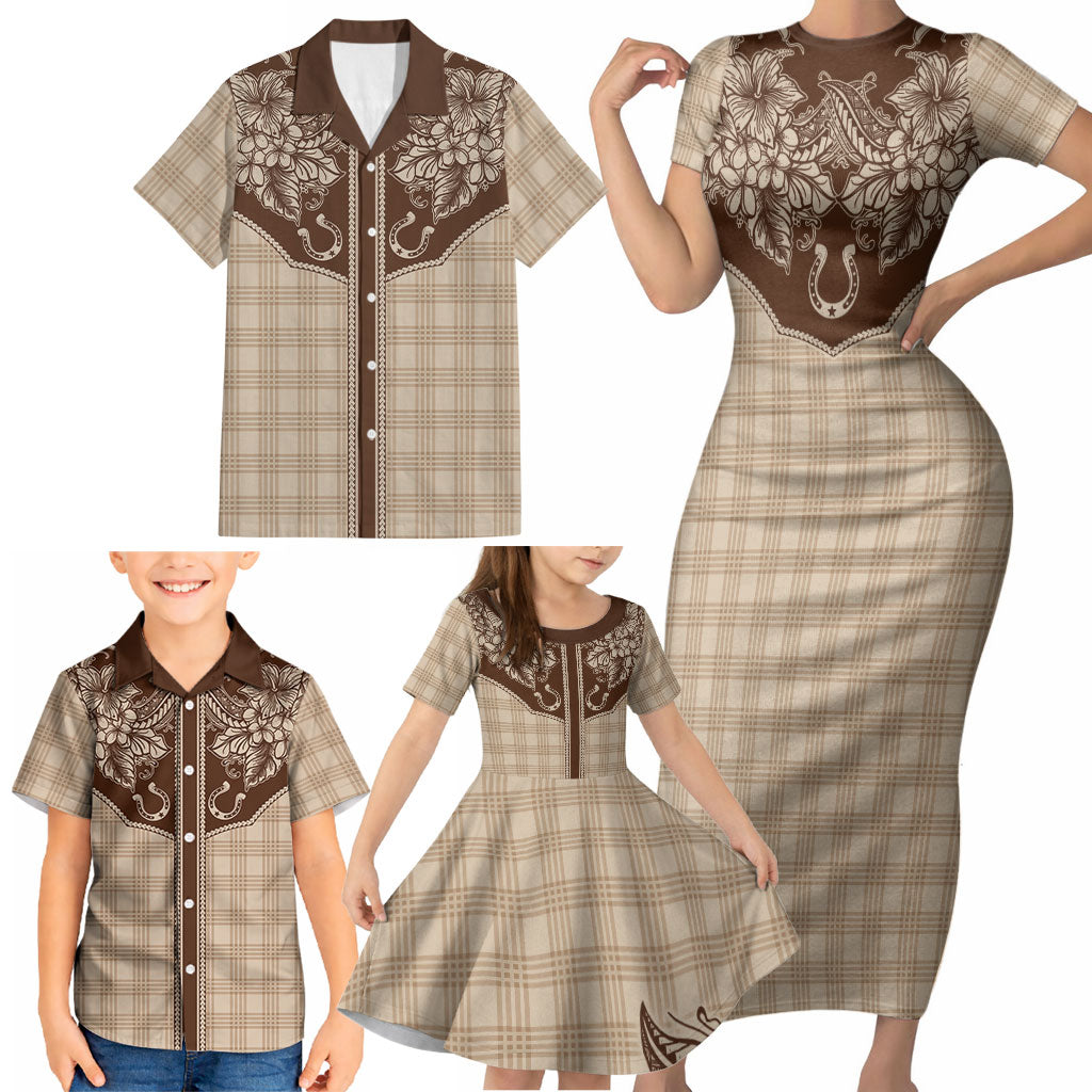 Hawai'i Paniolo Motif Leather Brown Family Matching Short Sleeve Bodycon Dress and Hawaiian Shirt Floral Palaka Print LT7 - Polynesian Pride