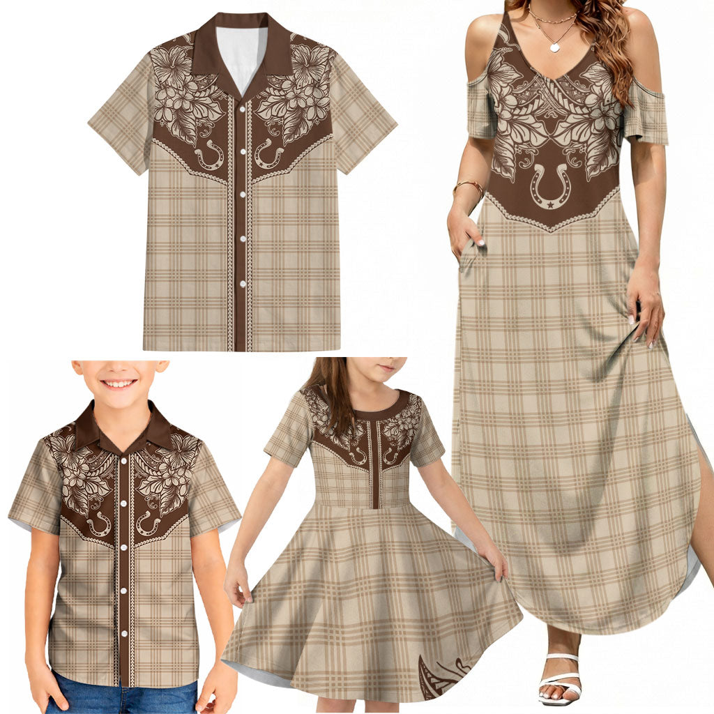 Hawai'i Paniolo Motif Leather Brown Family Matching Summer Maxi Dress and Hawaiian Shirt Floral Palaka Print LT7 - Polynesian Pride
