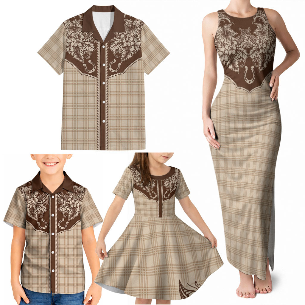 Hawai'i Paniolo Motif Leather Brown Family Matching Tank Maxi Dress and Hawaiian Shirt Floral Palaka Print LT7 - Polynesian Pride