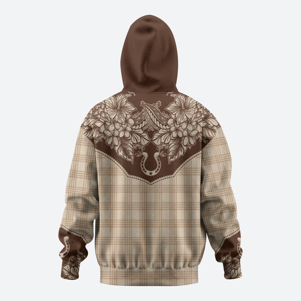 Hawai'i Paniolo Motif Leather Brown Hoodie Floral Palaka Print LT7 - Polynesian Pride