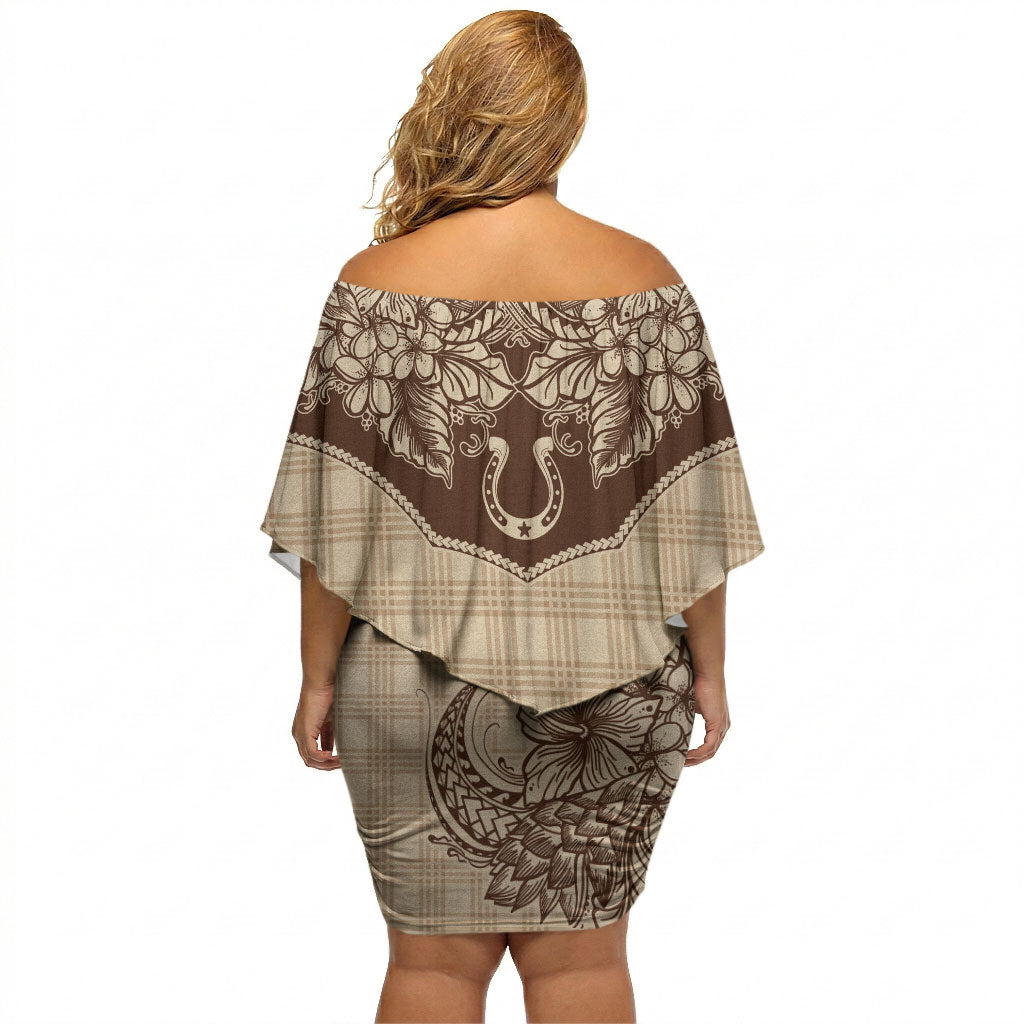Hawai'i Paniolo Motif Leather Brown Off Shoulder Short Dress Floral Palaka Print LT7 - Polynesian Pride