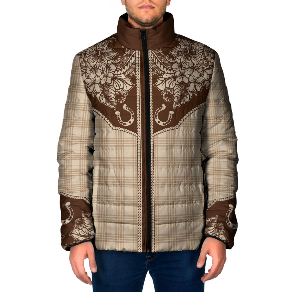 Hawai'i Paniolo Motif Leather Brown Padded Jacket Floral Palaka Print