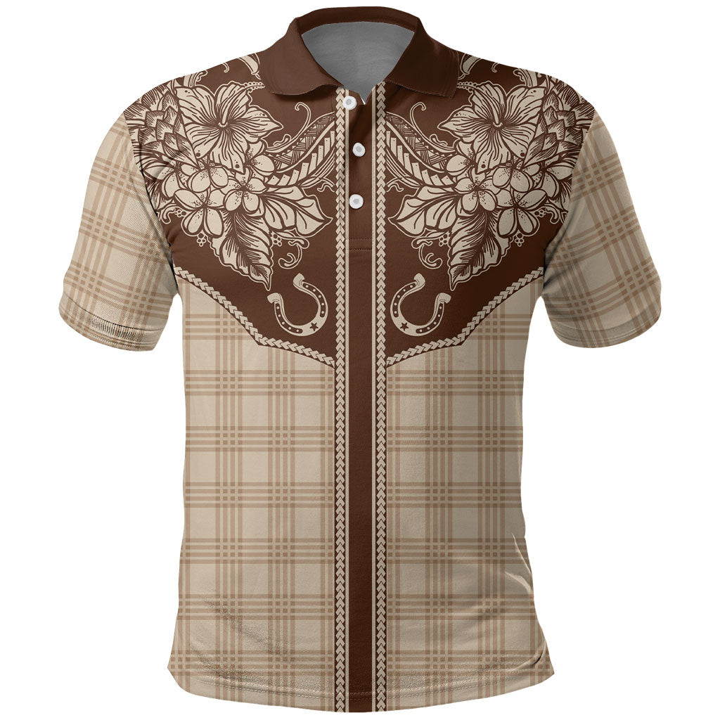 Hawai'i Paniolo Motif Leather Brown Polo Shirt Floral Palaka Print