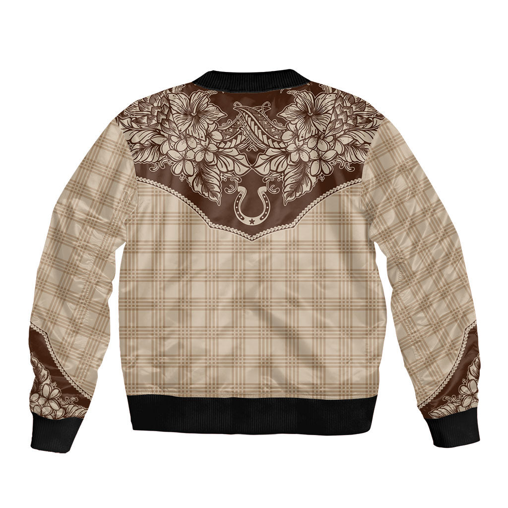 Hawai'i Paniolo Motif Leather Brown Sleeve Zip Bomber Jacket Floral Palaka Print LT7 - Polynesian Pride